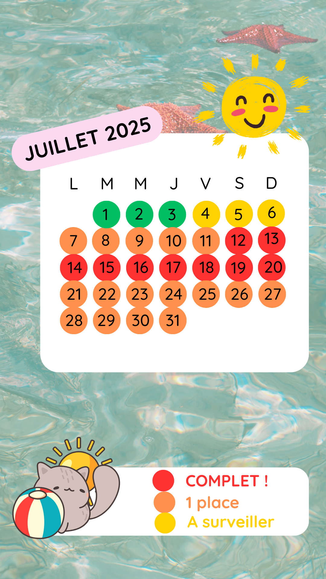 Juillet 2025 Planning disponibilités Juillet 2025 pension féline ***